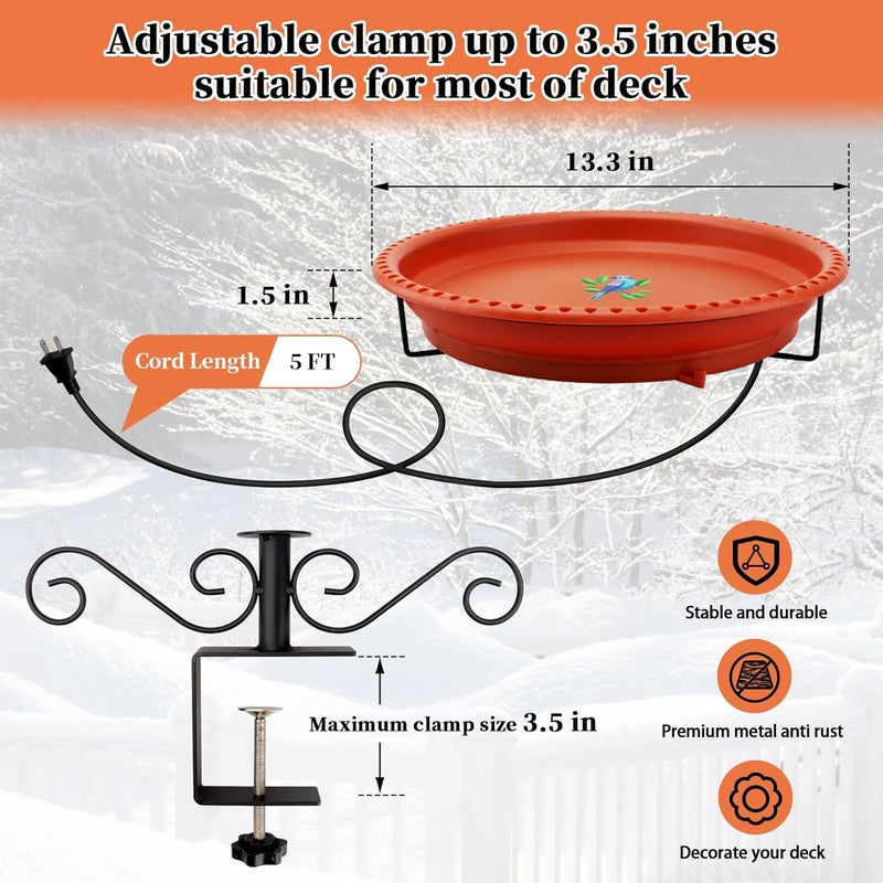 Lovppy Heated Bird Baths for Outdoors for Winter, 100W Heated Bird Bath Water Heater with Thermostatically Controlled, Heated Bird Bath for Deck Railing Outside Garden Patio Yard (Brown) - Image 5